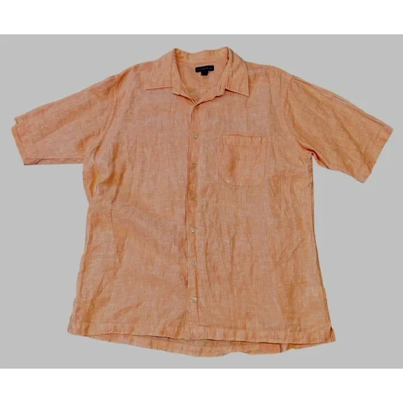 Lands End Mens Shirt 100/% Linen Size Large Short Sleeve‎ Button Up Orange - Picture 4 of 4